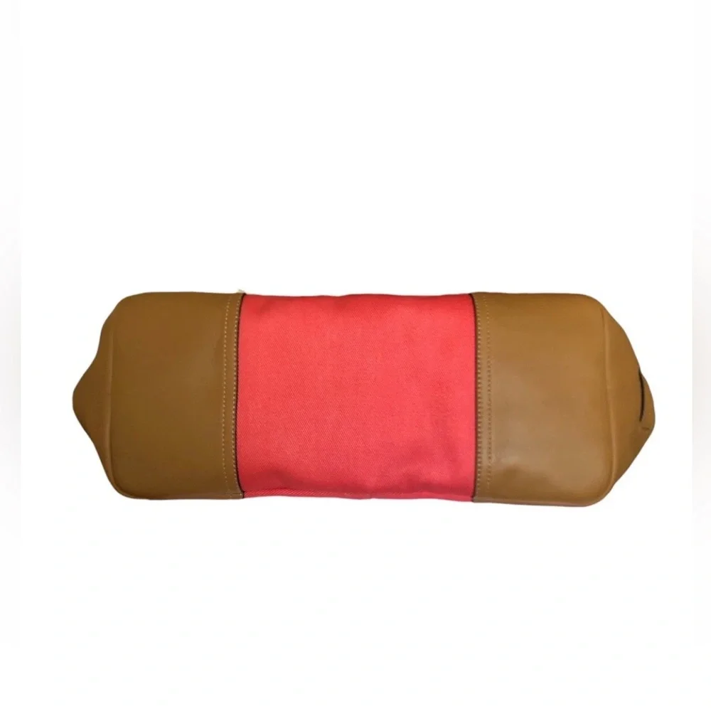 COACH Hadley Variegated Coral & Beige Striped Canvas Leather Duffel Tote Bag